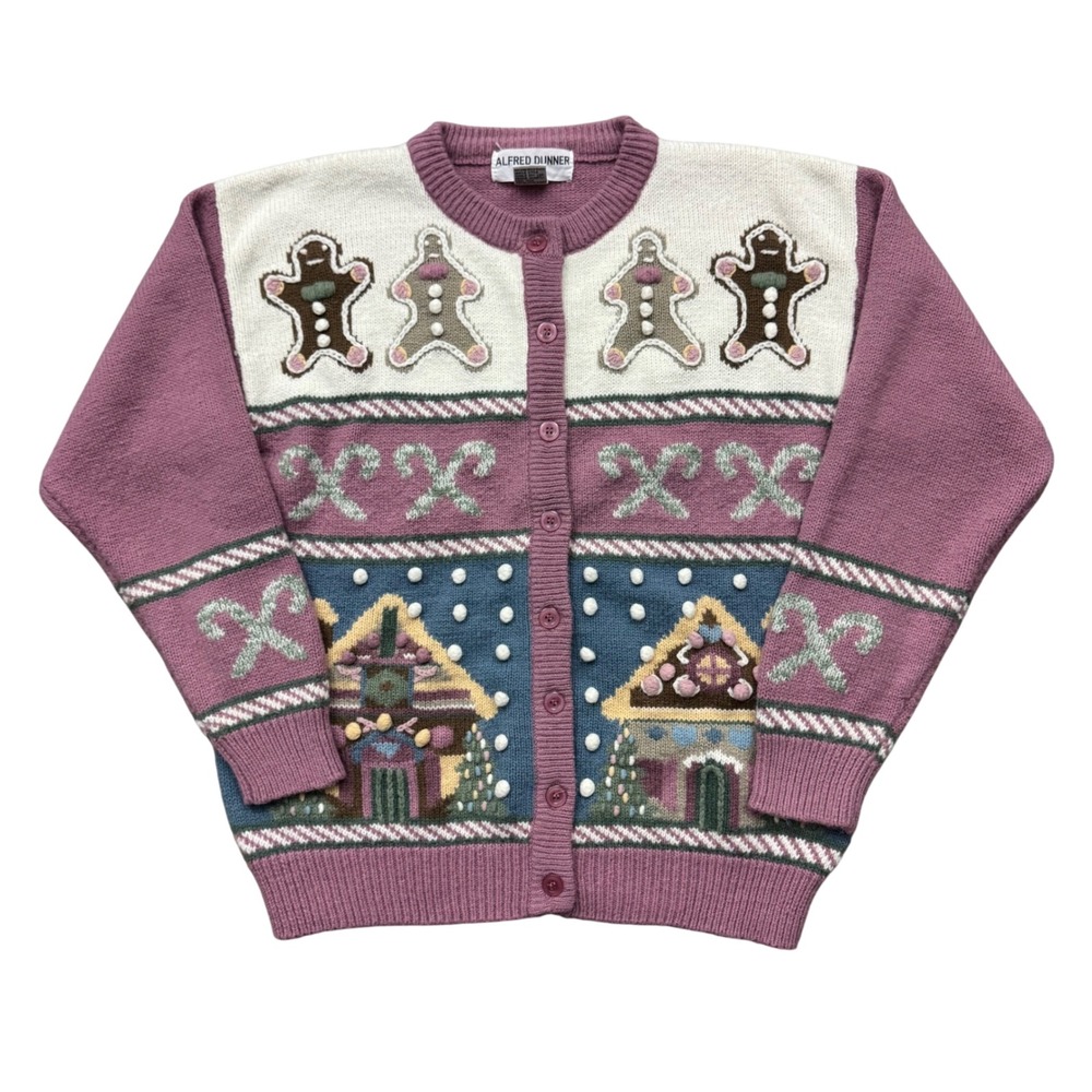 Vintage Alfred Dunner Christmas Gingerbread Village Grandma Cardigan Sweater PM